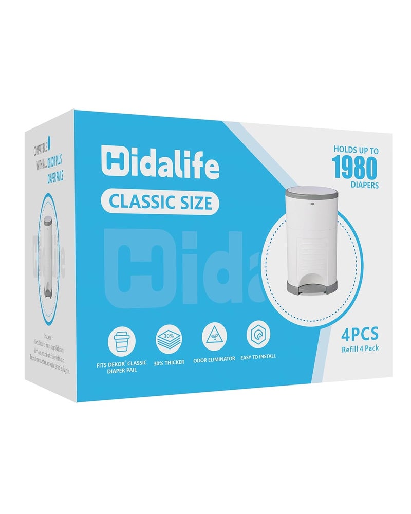 HIDALIFE عبوات متوافقة مع سلات حفاضات ديكور الكلاسيكية، أكياس نفايات حفاضات قابلة للتخلص، بطانات إعادة تعبئة سلات الحفاضات سميكة جداً، تحمل حتى 1980 حفاض (4 عبوات) - Image 1